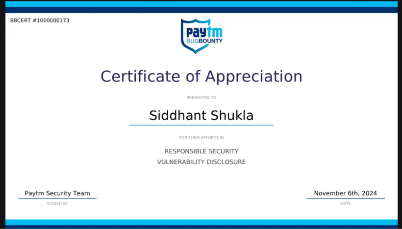 Paytm Certificate of Appreciation