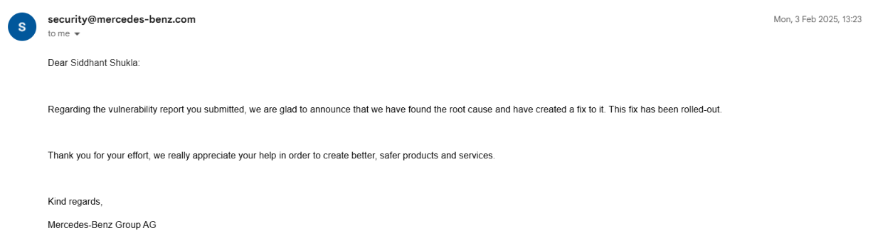 Mercedes-Benz security validation email