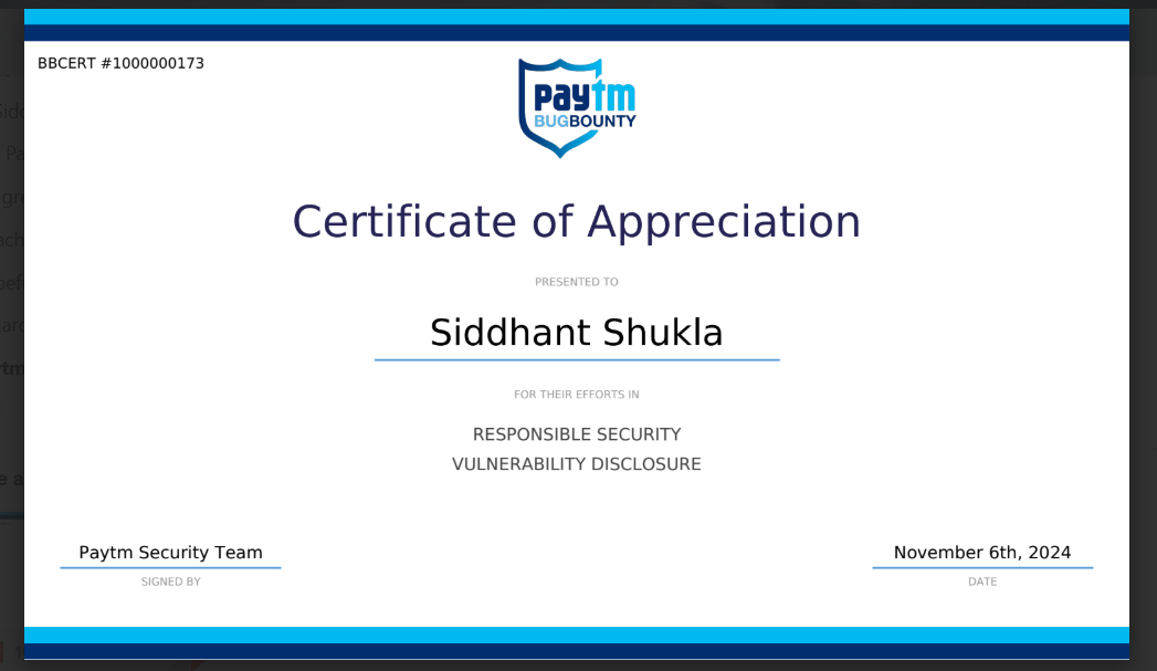 Paytm Security Appreciation Certificatet