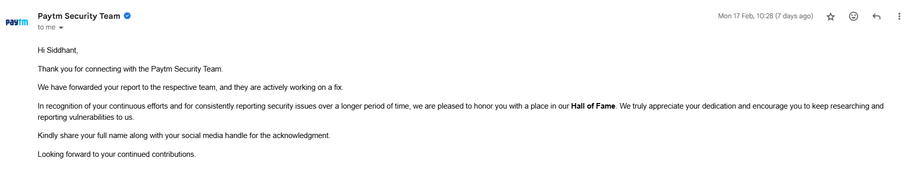 My Paytm Hall of Fame recognition Paytm Hall of Fame